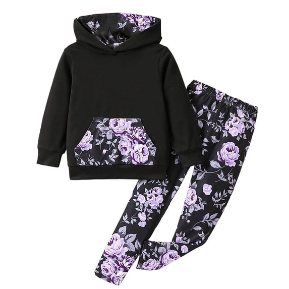 TOWED22 2Pcs Girls Fall Winter Clothes Print Graphic Hoodie Sweatshirt Tops & Sweatpants Outfits Clothing Sets,Purple,8-9 Y