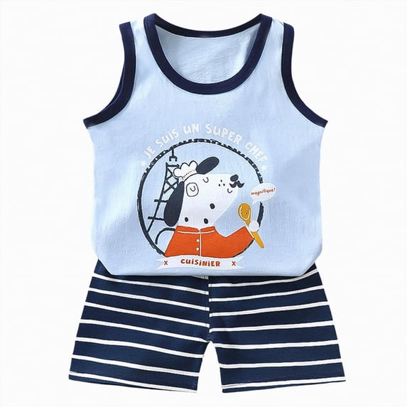 TOWED22 2pcs Toddler Baby Boy Summer Outfits Sleeveless Tank Tee + Print Shorts Soft Cotton Clothing Set(Blue,3-9 M)