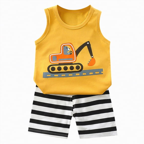 TOWED22 2pcs Toddler Baby Boy Summer Outfits Sleeveless Tank Tee + Print Shorts Soft Cotton Clothing Set(Orange,2-3 Y)