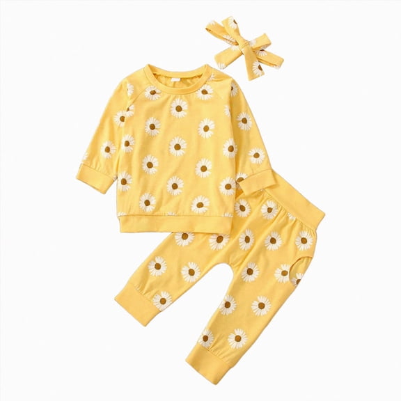 TOWED22 2pcs Toddler Baby Girl Boy Outfits Long Sleeve Graphic Tee and Casual Pants Fall Winter Clothes Soft Cotton Clothing Set(Yellow,6-12 M)