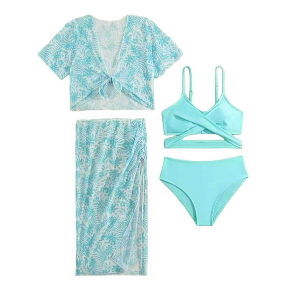 TOWED22 3 Piece Bikini Set for Teen Girls Print Halter Swimsuit Twist Front Detail High Low Skirt Blue,11-12 Y