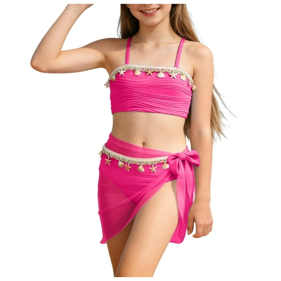 TOWED22 3PCS Girls Swimwear Set Watermelon Print Bikini Top Solid Color Bottom Floral Print Cover Skirt Hot Pink,10-11 Y