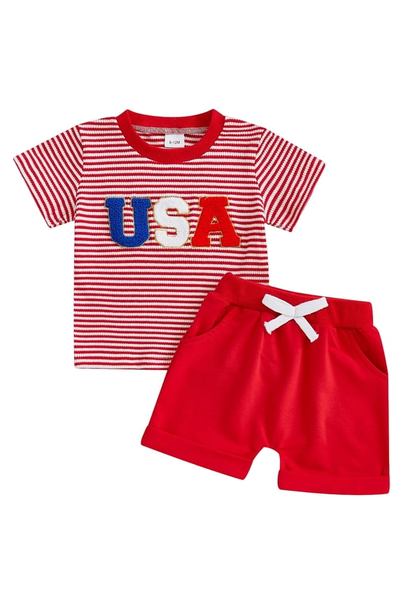 4th of July Baby Boy Outfit American Flag Embroidery Short Sleeve T-Shirt and Shorts Set Toddler Boy Summer Clothes(Red,6-12 M)