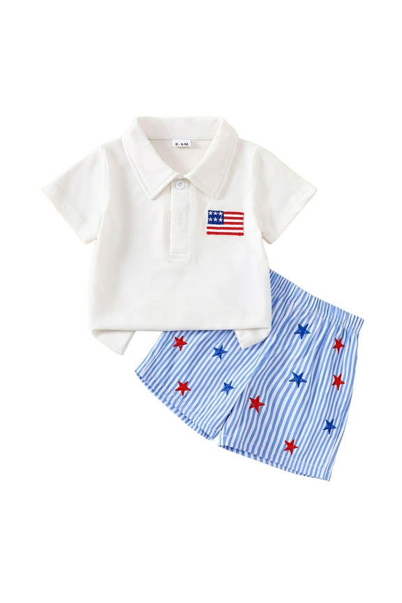 4th of July Baby Boy Outfit Toddler USA Flag Polo Shirts Gingham Plaid/Stripes Shorts Set Independence Day Clothes(White,6-12 M)