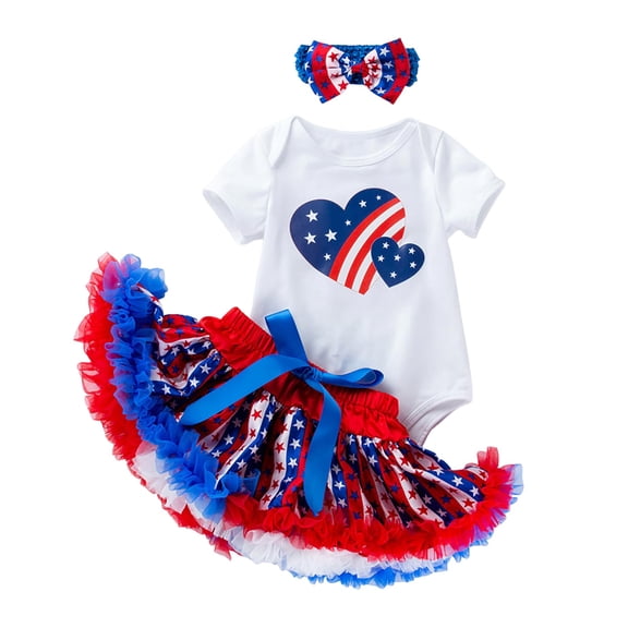 TOWED22 4th of July Baby Girl Outfits Summer Clothes Newborn Ruffled Romper American Flag Dress with Bow Headband 0-18 Months(Red,3-6 M)
