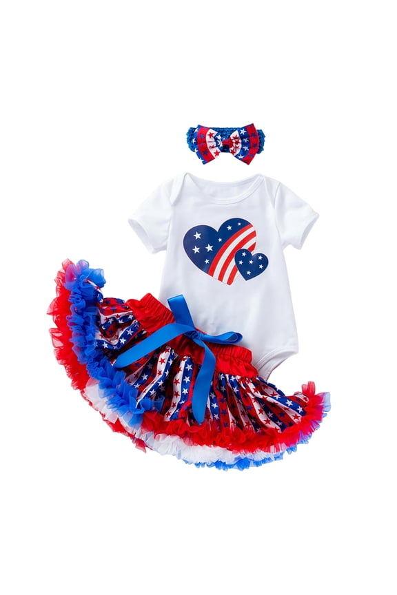 4th of July Baby Girl Outfits Summer Clothes Newborn Ruffled Romper American Flag Dress with Bow Headband 0-18 Months(Red,3-6 M)