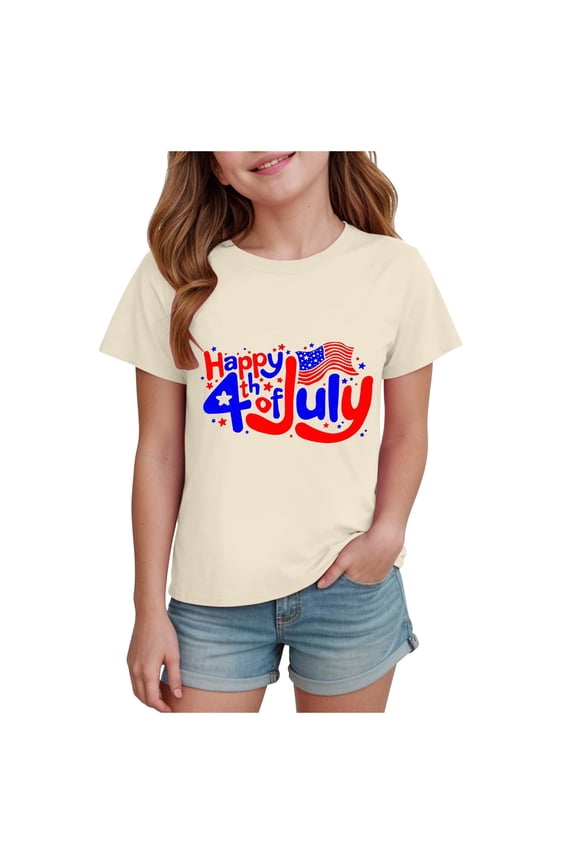 4th of July Girls American Flag Patriotic Tshirts Crew Neck Short Sleeve Crop Tops(Beige,11-12 Y)