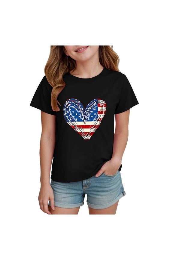 4th of July Girls Patriotic Shirts American Flag Graphic Tee Tops Soft Short Sleeve Tshirts(Black,13-14Y)