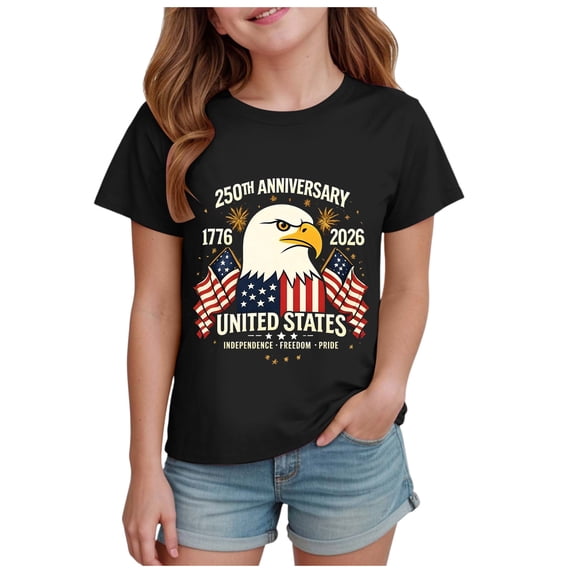 TOWED22 4th of July Girls Tshirts USA Flag Graphic Shirts Tee Tops for Toddler Kids Summer Patriotic Outfit(Black,9-10 Y)