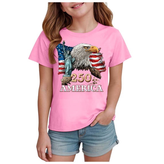 TOWED22 4th of July Graphic Shirts for Girls Patriotic American Flag T-Shirts Soft Cotton Tee Tops(Pink,11-12 Y)