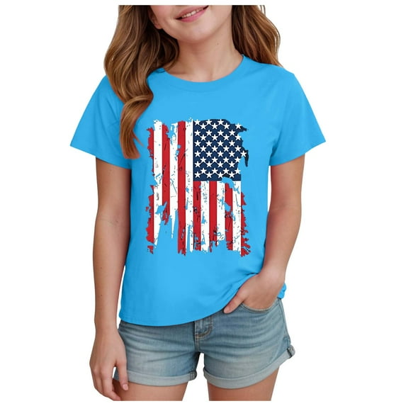 TOWED22 4th of July Graphic Tee for Girls American Flag Patriotic Shirts Tops Tshirts Soft Comfortable Fit(Sky Blue,7-8 Y)