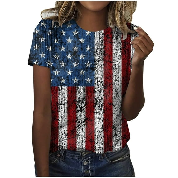 TOWED22 4th of July Pullover Shirt Womens Crew Neck Tee Tops Shirt Short Sleeve American Flag Women's T-Shirts Tops(Navy,3XL)
