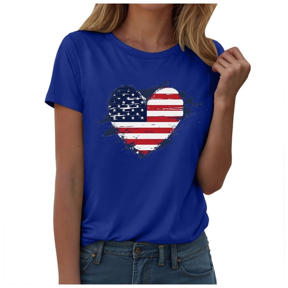 TOWED22 4th of July Shirts for Women American Flag 1776 Graphic Tees Casual Cap Sleeve USA Patriotic Tops(Blue,L)