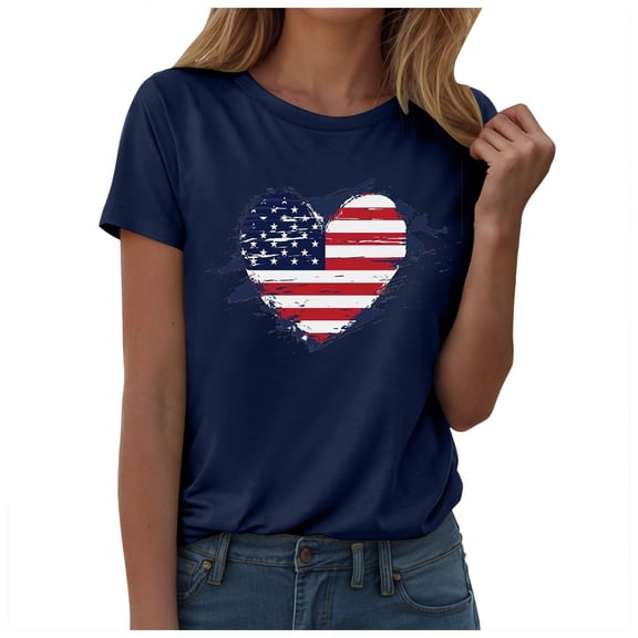 TOWED22 4th of July Shirts for Women American Flag 1776 Graphic Tees Casual Cap Sleeve USA Patriotic Tops(Navy,L)