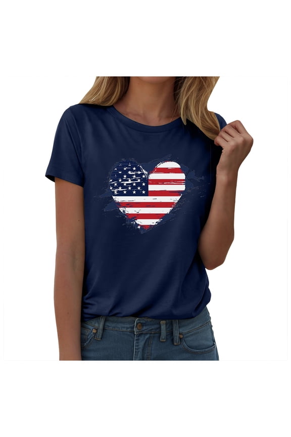 4th of July Shirts for Women American Flag 1776 Graphic Tees Casual Cap Sleeve USA Patriotic Tops(Navy,L)