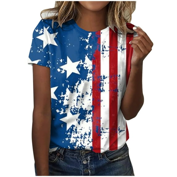 TOWED22 4th of July Shirts for Women Summer Short Sleeve T-Shirt Patriotic Tie Dye Color Block Tee(Navy,L)