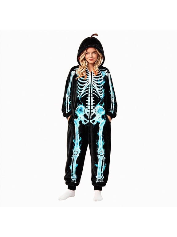 Adult Halloween Skeleton Costume Unisex Skeleton Plush Pajamas Onesie Cozy One Piece Costumes for Women Men(Dark Gray,XXL)