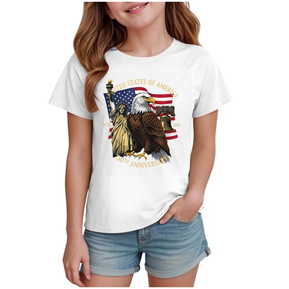 TOWED22 American Flag Girls Tops 4th of July Short Sleeve Shirts Tee T-Shirts for Toddler Kids 1-14 Years(White,5-6 Y)