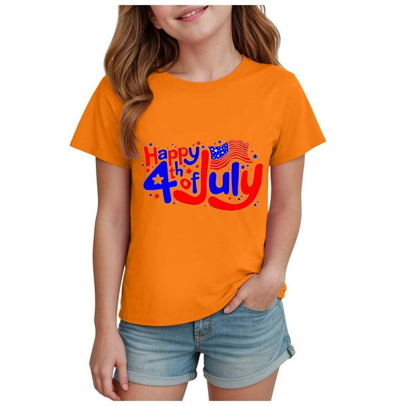 TOWED22 American Flag Graphic Tshirts for Girls 4th of July Patriotic Shirts Tee Tops Soft Breathable Cotton(Orange,5-6 Y)