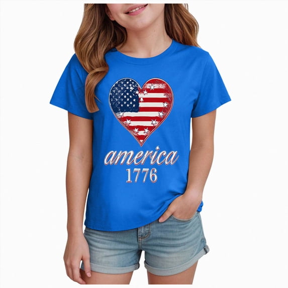 TOWED22 American Flag Holiday Tops for Girls 4th of July Patriotic Shirts Tee T-Shirts Soft Cotton Comfort(Blue,3-4 Y)