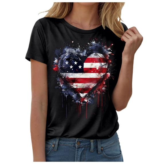TOWED22 American Flag Patriotic T-Shirt Women 4th of July Gift Shirt USA Flag Stars Stripes Graphic Short Sleeve Casual Tops(Black,S)