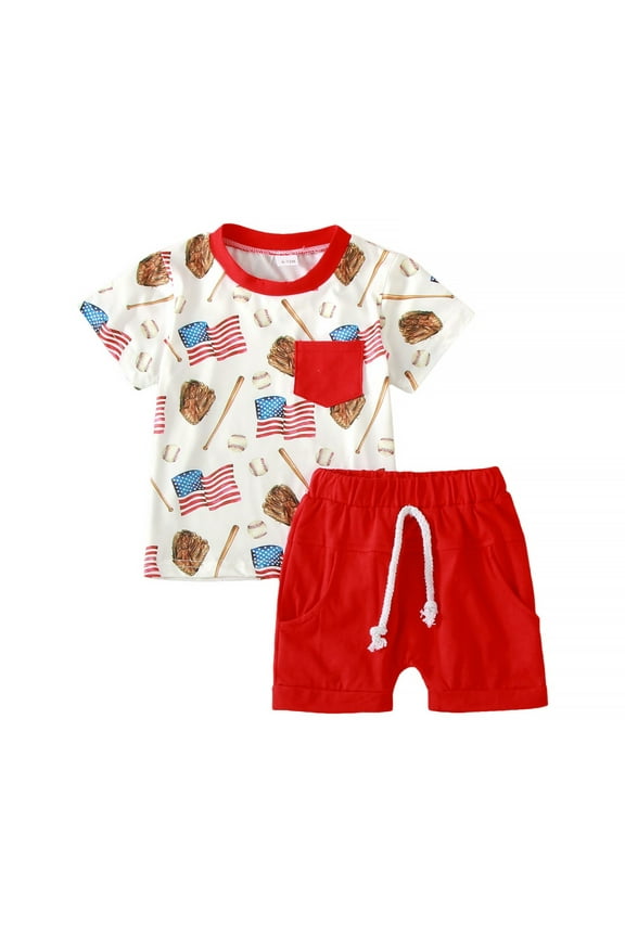 Baby Boy 4th of July Outfit American Flag Embroidery Tops and Shorts Set Toddler Boy Spring Summer Clothes(Red,18-24 M)