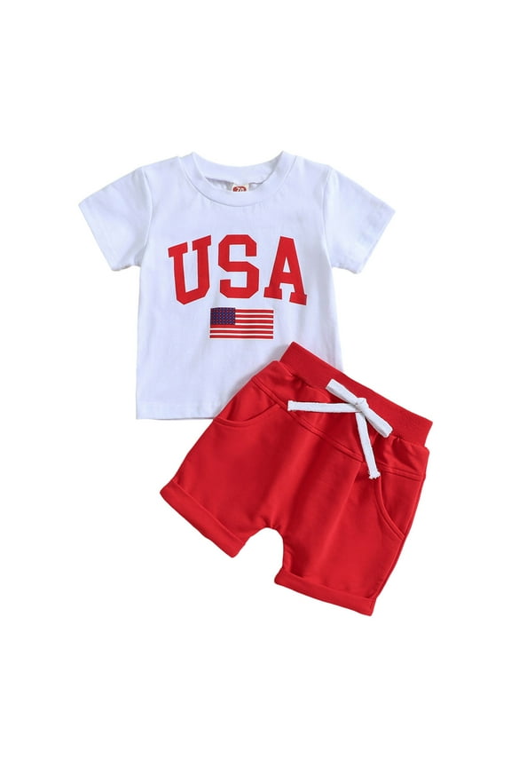 Baby Boy 4th of July Outfit Short Sleeve Letter Print T-Shirt + American Flag Shorts Set Fourth of July USA Clothes(White,6-12 M)
