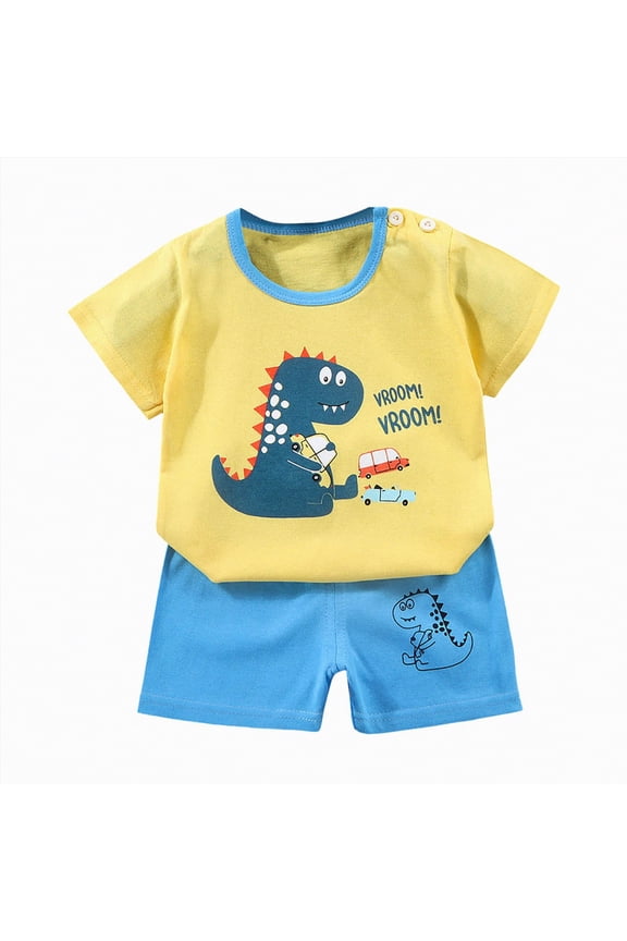 Baby Boy Fire Engine Print Summer Clothes Short Sleeve Tee Shorts 2 Piece Outfit Blue,5-6 Y