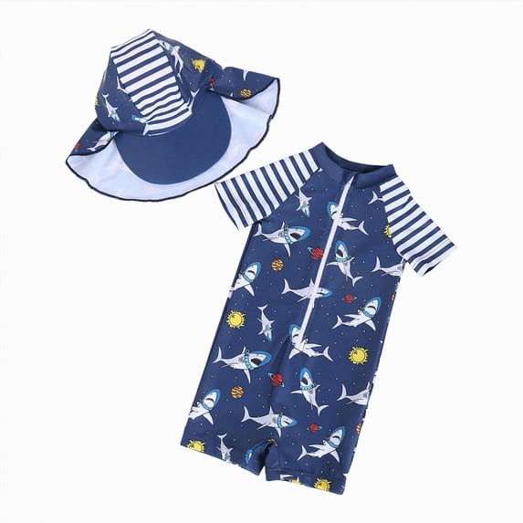 TOWED22 Baby Boy Girl Swimsuit with Hat Short Sleeve Rash Guard Sunsuit Beachwear Print Zipper One Piece Swimwear Blue,12-18 M