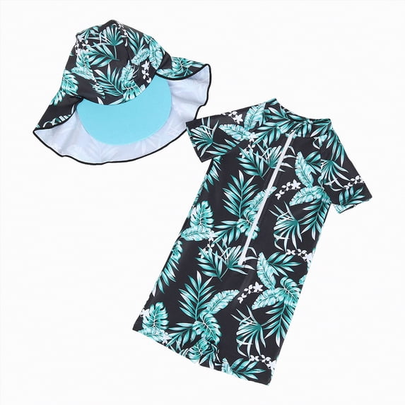 TOWED22 Baby Boy Girl Swimsuit with Hat Short Sleeve Rash Guard Sunsuit Beachwear Print Zipper One Piece Swimwear Dark Green,12-18 M