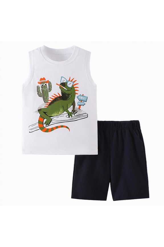 Baby Boy Outfits Sleeveless Tank Top Shirt + Adorable Print Pull-on Shorts 2 Piece Summer Clothes Lightweight Set(White,6-7 Y)
