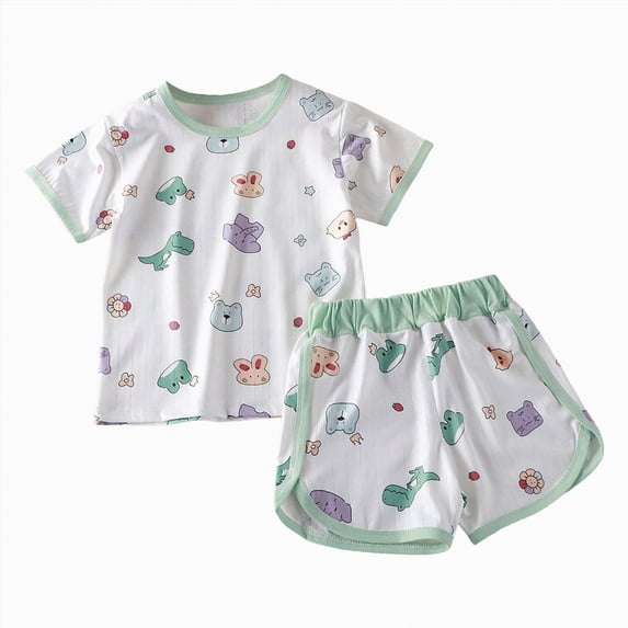 TOWED22 Baby Boy Shorts Set Summer Clothes Toddler Bear Embroidery Striped Short Sleeve Lapel T-shirt Shorts Outfit Green,5-6 Y