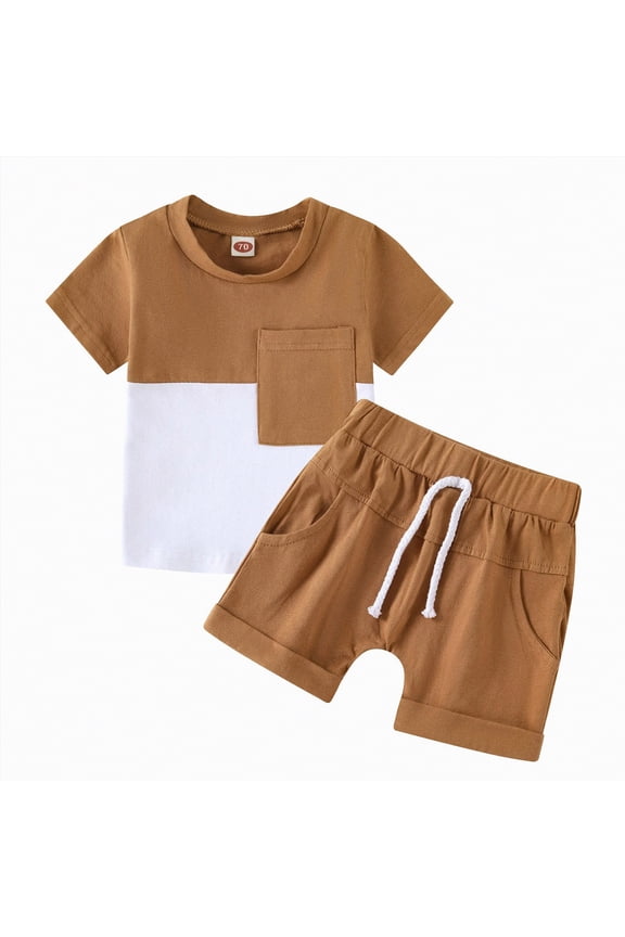 Baby Boy Summer Clothes Mamas Boy Embroidered Waffle Knit Short Sleeve T-Shirt Shorts Set Toddler Striped Outfit(Coffee,18-24 M)