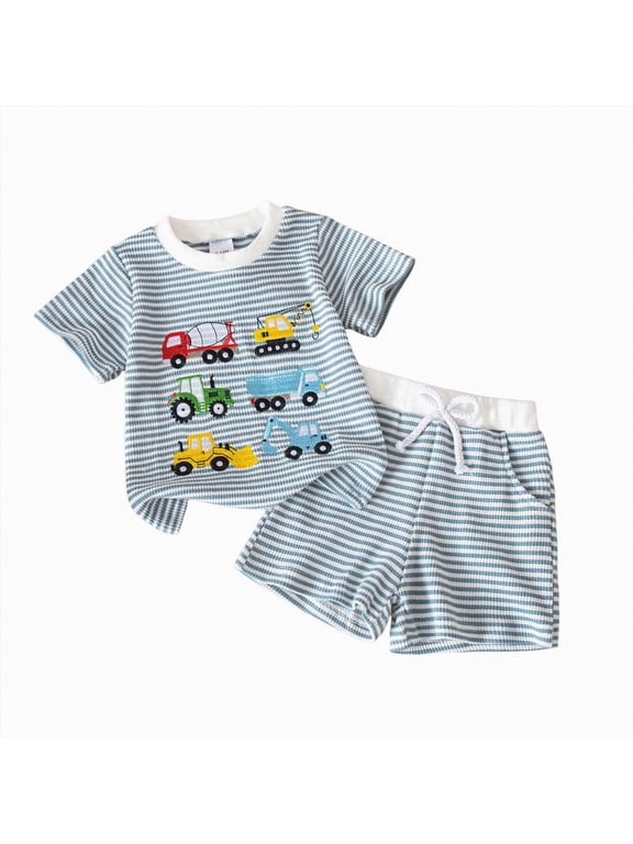 Baby Boy Summer Outfit Truck Embroidery Tops and Plaid Shorts Set Toddler Boy Spring Summer Clothes(Sky Blue,18-24 M)