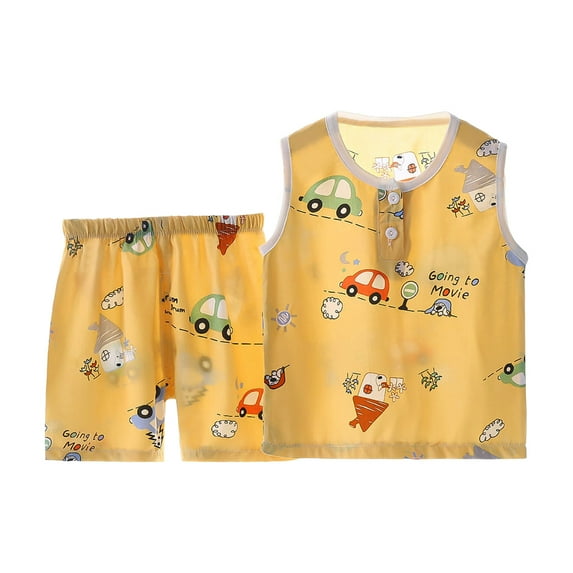 TOWED22 Baby Boy Summer Outfits 2Pcs Sleeveless Tank Top and Shorts Set Cartoon Dinosaur Print Toddler Clothes 6-24 Months(Yellow,7-8 Y)