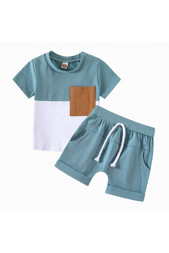 Baby Boy Summer Outfits Henley Shirt Soft Pocket Short Sleeve Tops & Shorts Sets Infant 3 6 12 18 Months 2T Clothes(Light Blue,12-18 Months)