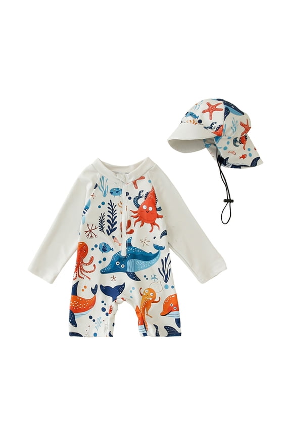 Baby Boy Swimsuit Infant One Piece Rash Guard Bathing Suit Short/Long Sleeve Zipper Toddler Summer Beach Swimwear(White,18-24 M)