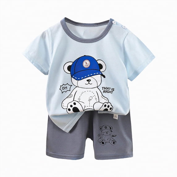 TOWED22 Baby Boy Toddler Clothes 2pcs Short Sleeve T-Shirt Top Cargo Shorts Dinosaur Truck Print Outfits(Light Blue,6-12 M)