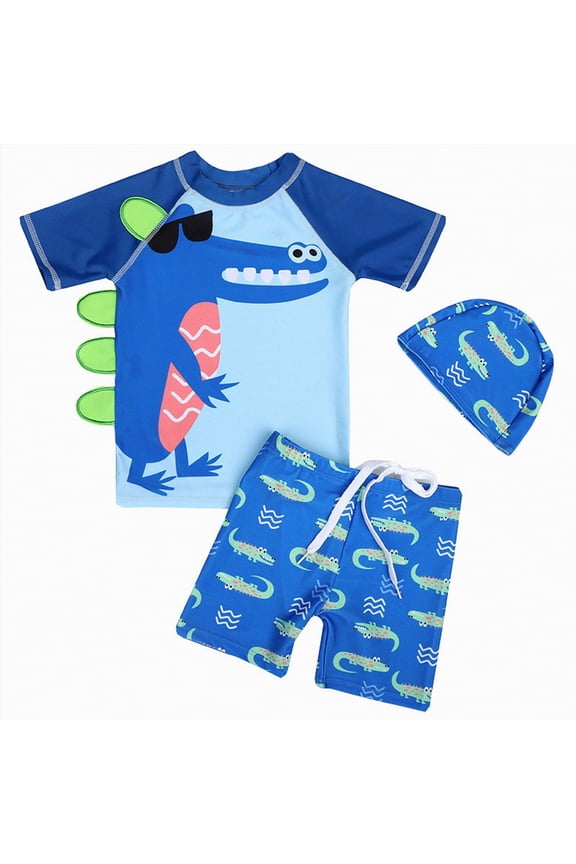 Baby Boys Swimsuit Short Sleeve Rashguard Swim Bathing Suit Swimwear Boy Swim Trunk with Hat Toddler Bathing Suit Blue,12