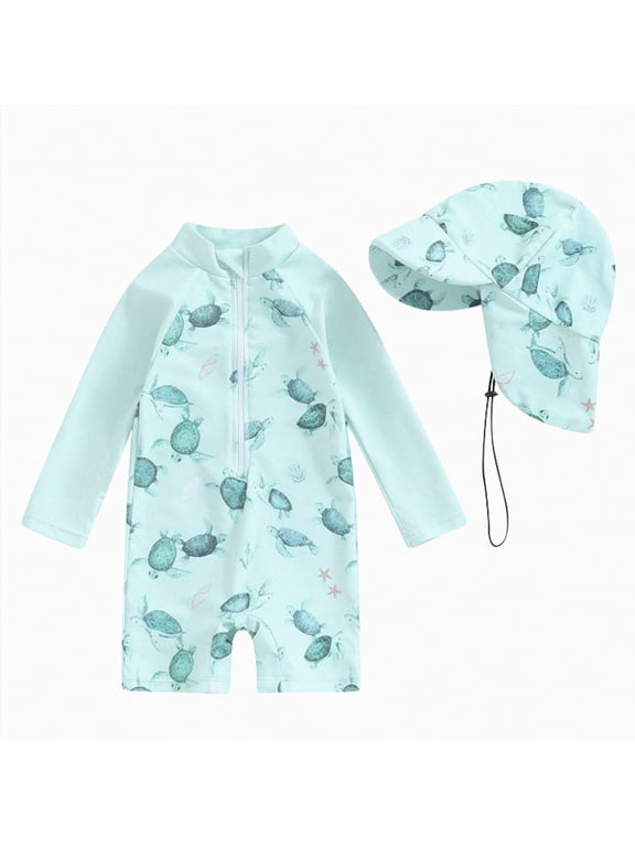 Baby Boys UPF 50+ Sun Protection One Piece Rashguard Swimsuit Bathing Suit with Hat Infant Beach Swimwear Green,6-12 M
