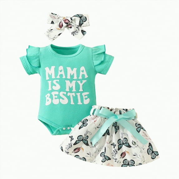 TOWED22 Baby Clothes Girl Newborn Infant Girls Summer Outfit Short Sleeve Romper Daisy Short Headband Set(Mint Green,6-9 M)