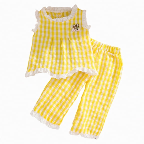 TOWED22 Baby Girl Clothes 2 Piece Toddler Outfits Sleeveless Floral Lace Vest Top Long Linen Pants Set(Yellow,5-6 Y)