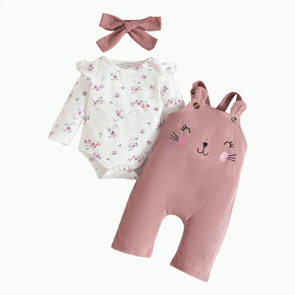 TOWED22 Baby Girl Clothes Long Sleeve Romper 3Pcs Baby Girl Outfits Flare Pants Set with Headband Fall Baby Girl Winter Clothes(Pink,12-18 M)