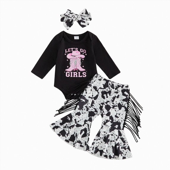TOWED22 Baby Girl Clothes Newborn Cute Printed Ruffle Romper Bodysuit Bell-Bottom Pant Set Infant Fall Winter Outfits,0-3 M