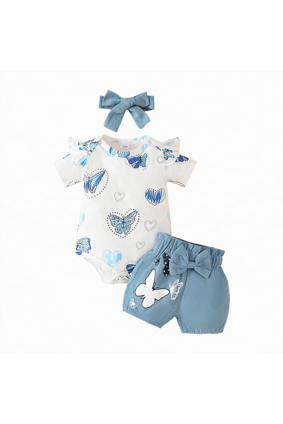 Baby Girl Clothes Newborn Infant Summer Outfits Ruffle Romper and Shorts with Headband Sets for 0-3-6-9-12-18 Months Sky Blue,0-3 M