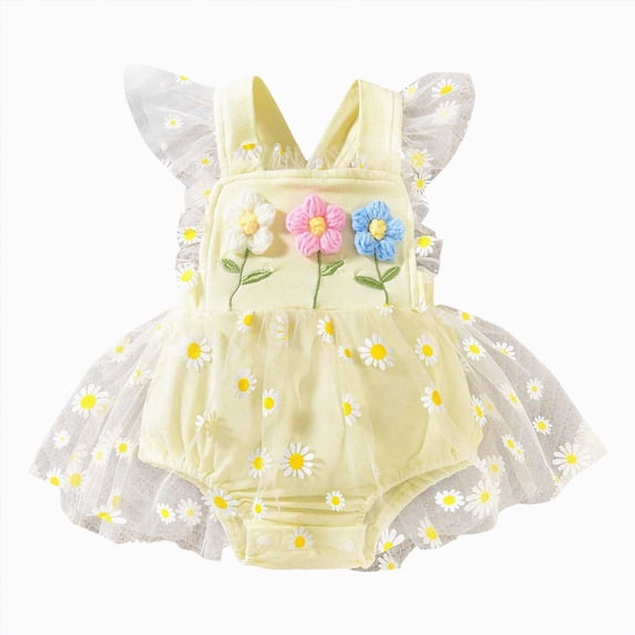 TOWED22 Baby Girl Clothes Newborn Romper Dress Infant Lace Ruffle Sleeveless Summer Outfits with Headband 0-12 Months Yellow,6-9 M