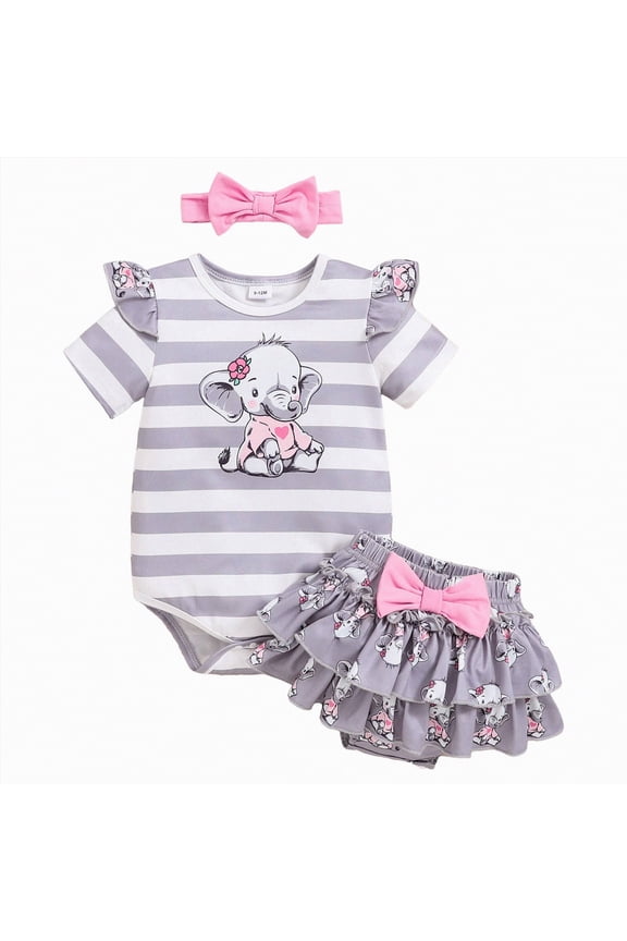 Baby Girl Clothes Newborn Summer Outfits Short Sleeve Romper Ruffle Bloomers Shorts with Headband(Grey,0-3 M)