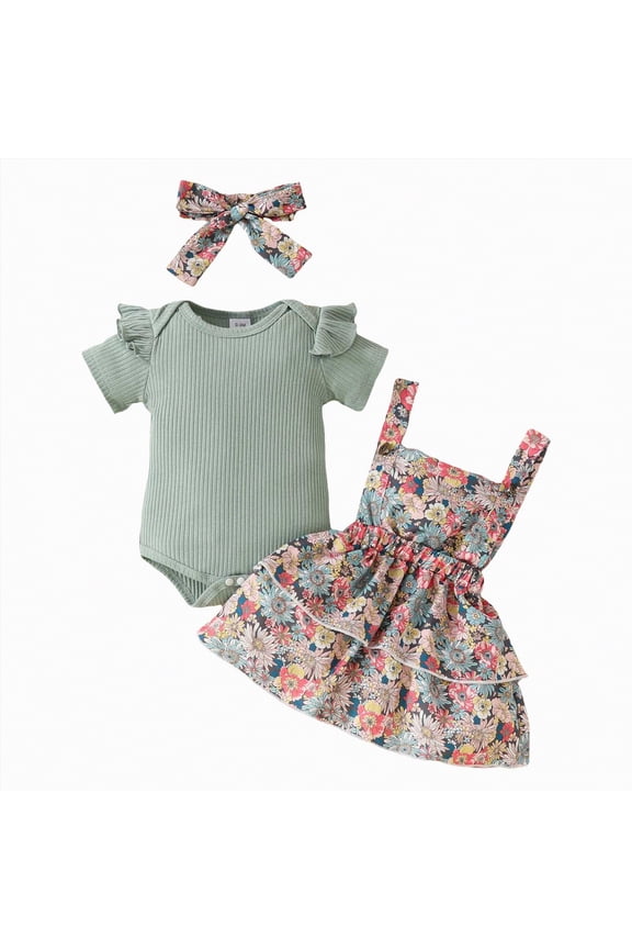 Baby Girl Clothes Summer Outfits Newborn Ruffle Sleeve Romper Infant Flower Shorts Set with Headband 0-18 Months Green,12-1 M