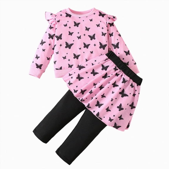 TOWED22 Baby Girl Clothes Toddler Fall Winter Outfit Ruffles Crewneck Bow Pullover Sweatshirt Joggers Pants Set,Pink,3-4 Y