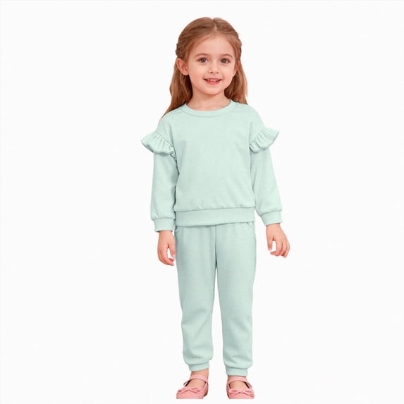 TOWED22 Baby Girl Clothes Toddler Girl Fall Outfit Long Sleeve Ruffle Shirt Cute Pant Clothing Sets,Mint Green,4-5 Y